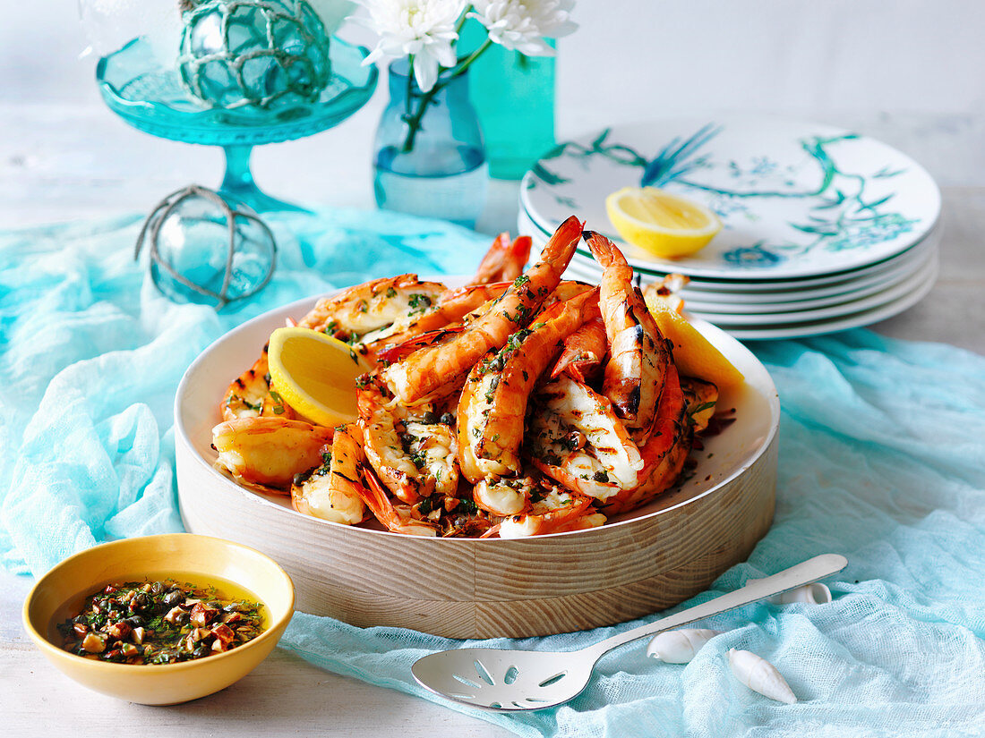King Prawns with caper, mint and smoked almonds dressing