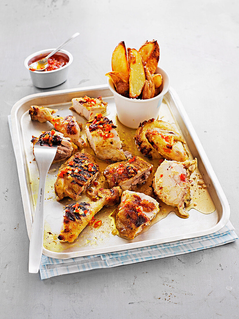 Portugese chicken with chilli and wedges