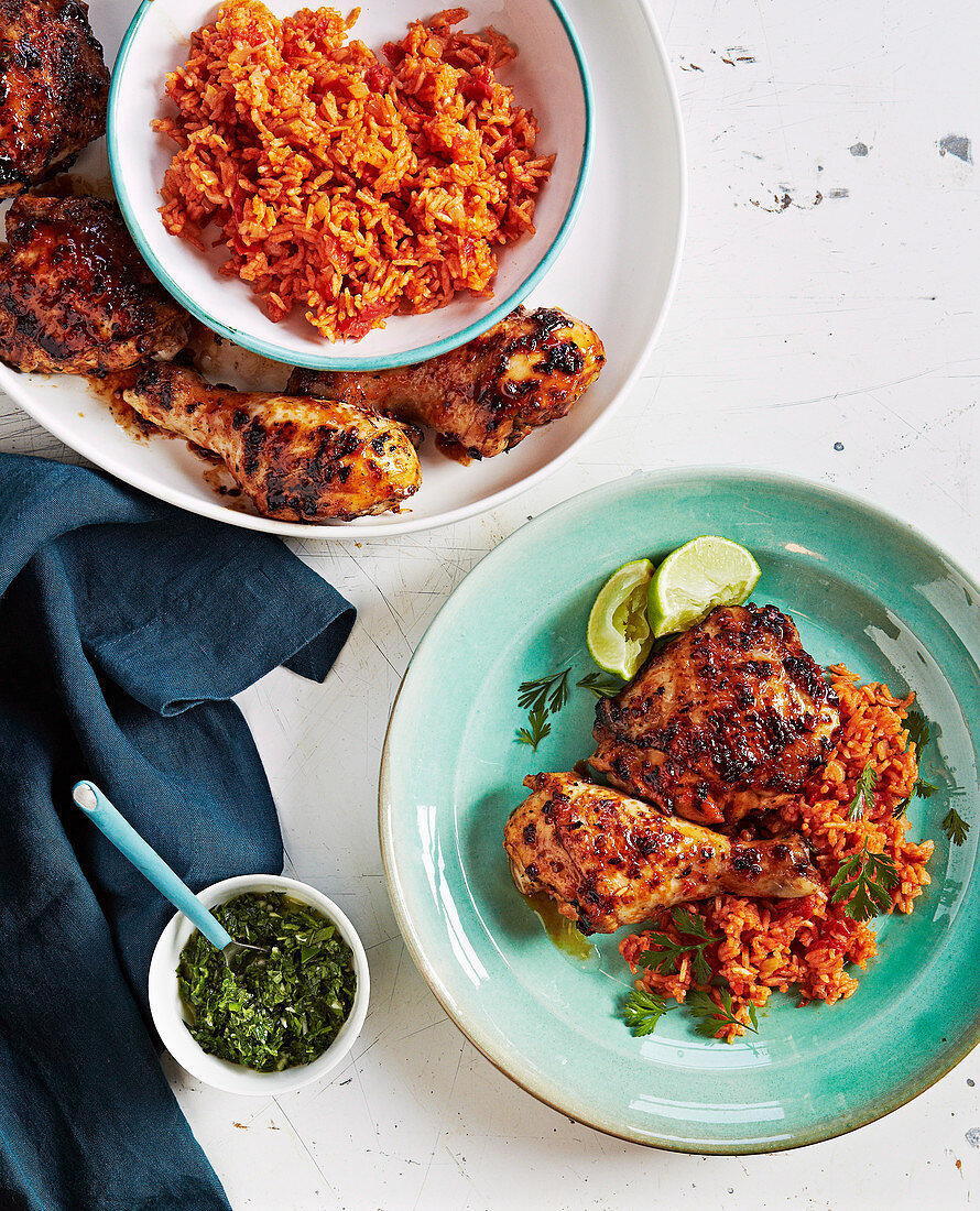 Chipotle and orange grilled chicken with salsa verde and red rice
