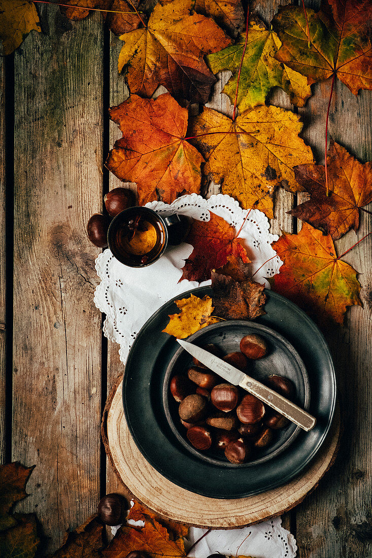 Herbstliches Stillleben mit Kastanien, Tasse Tee und Laubblättern (Aufsicht)