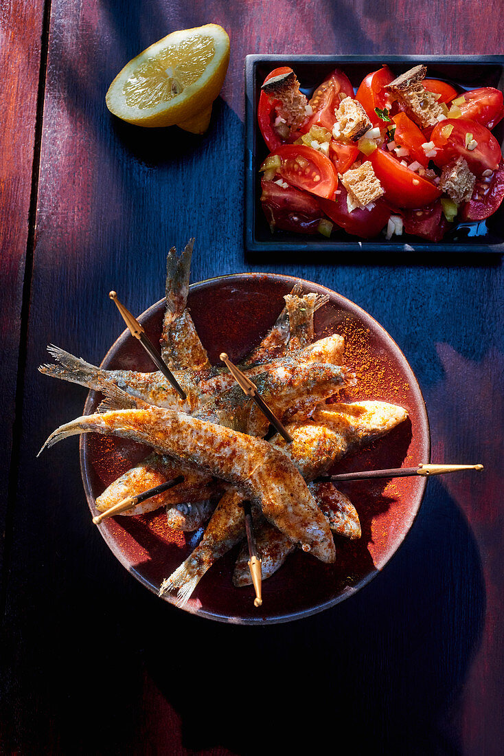 Paprika sardines with tomato salad