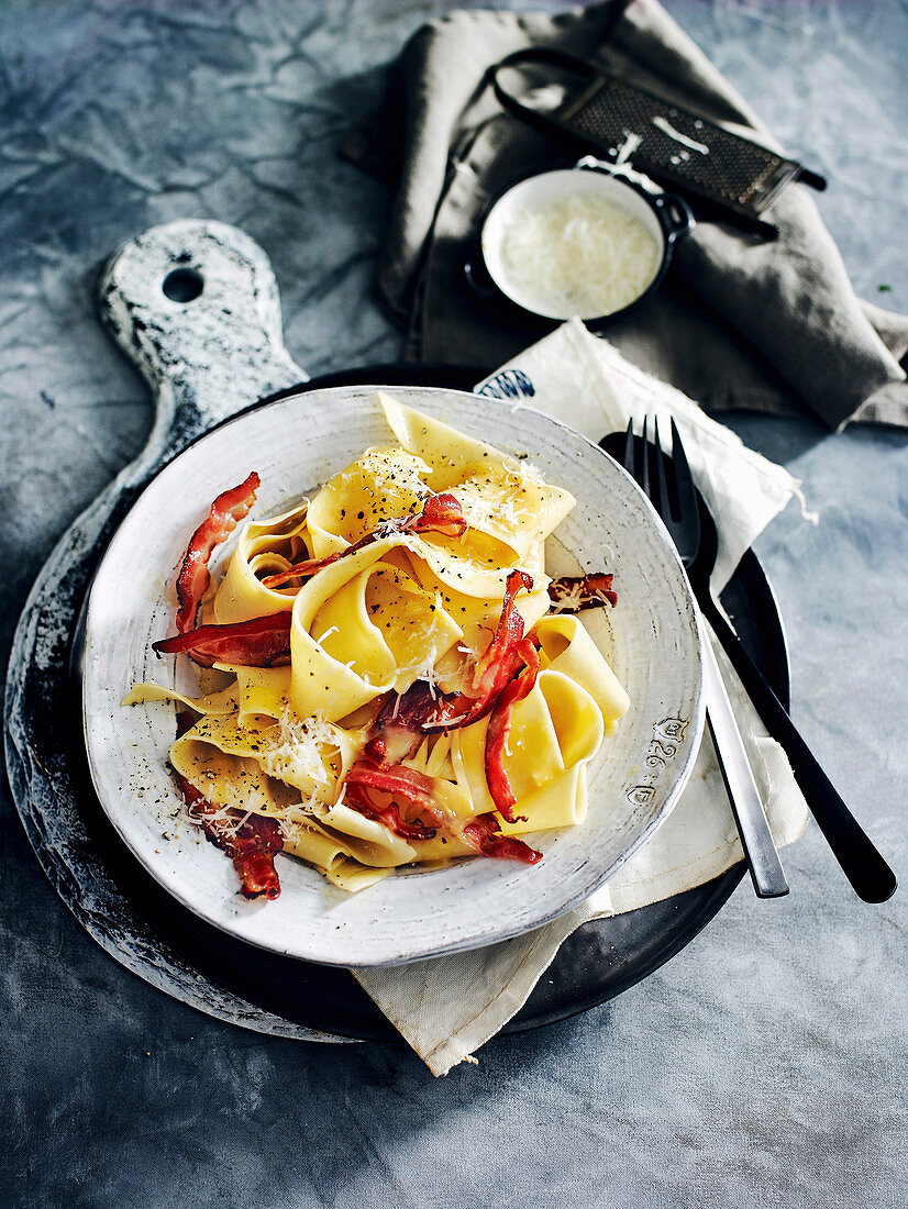 Pappardelle Carbonara with bacon and pancetta