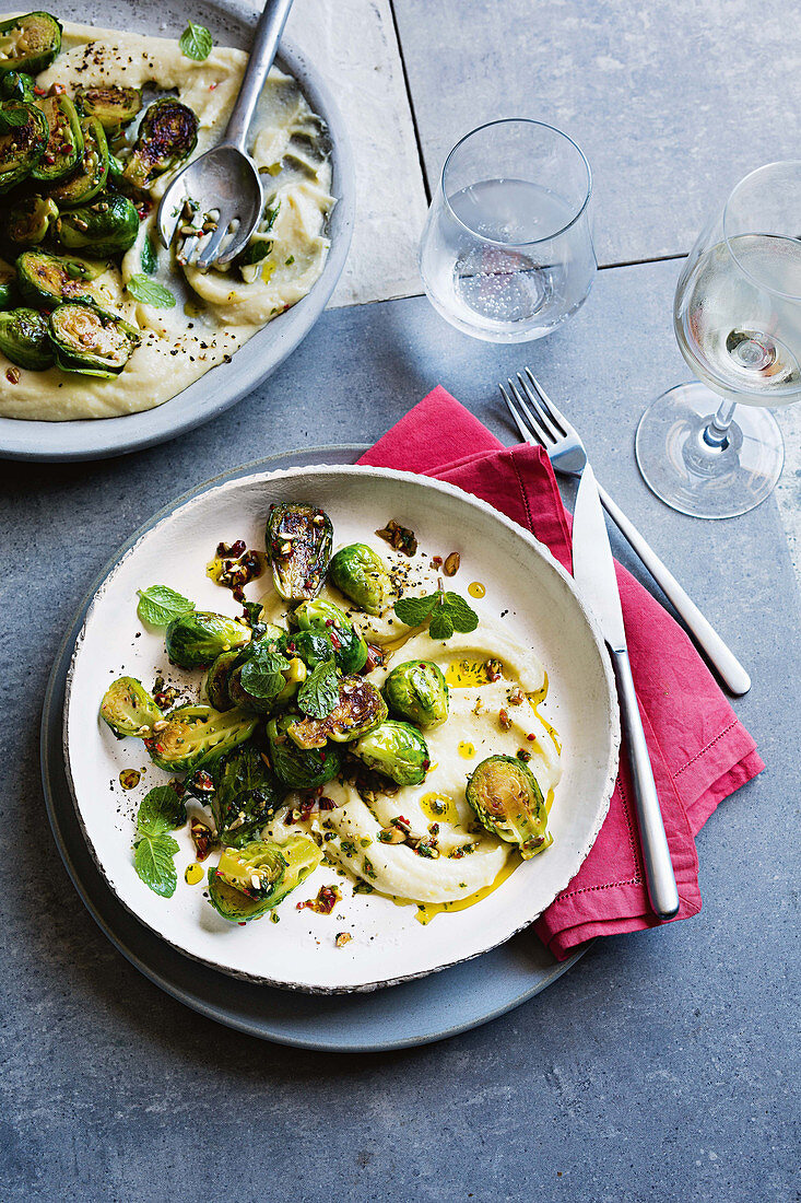 Brussels sprouts with almonds and skordalia