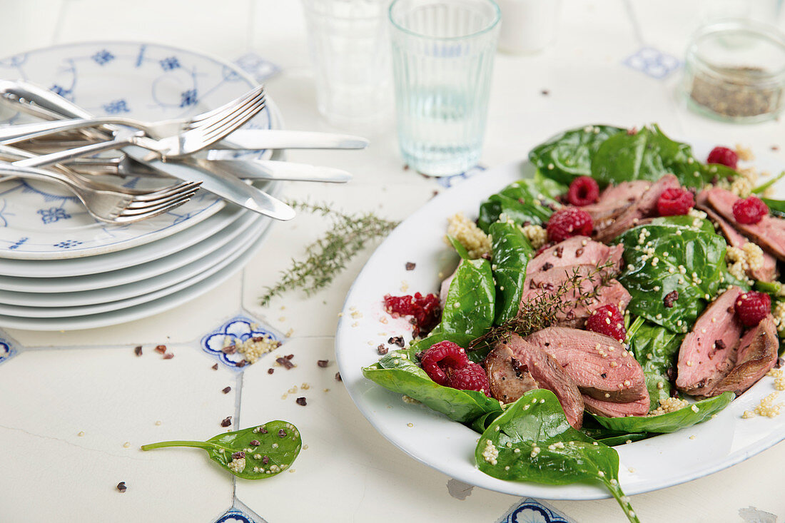 Roast duck breast on a spinach salad with raspberries