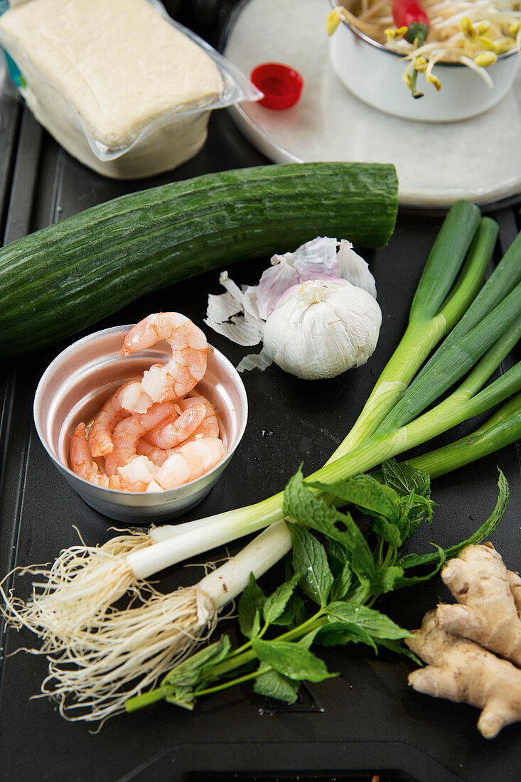 Ingredients for spring rolls with tofu and shrimps