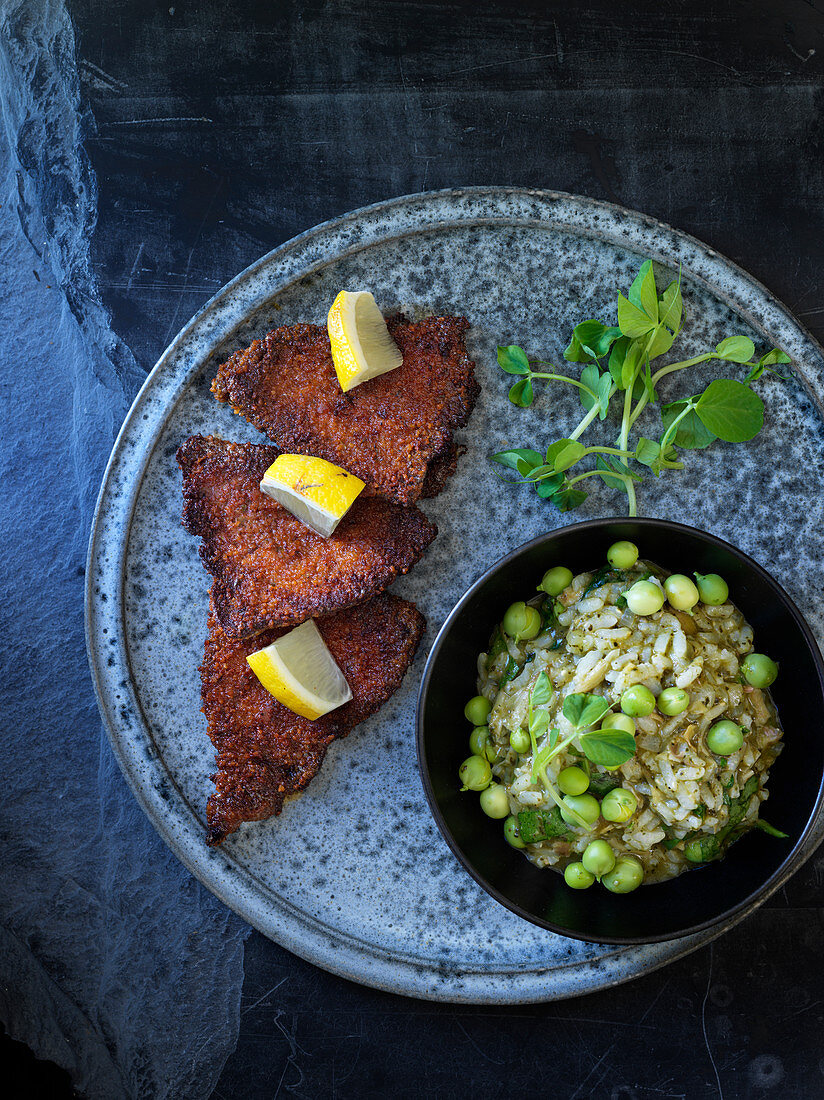 Scaloppine milanese with pea risotto