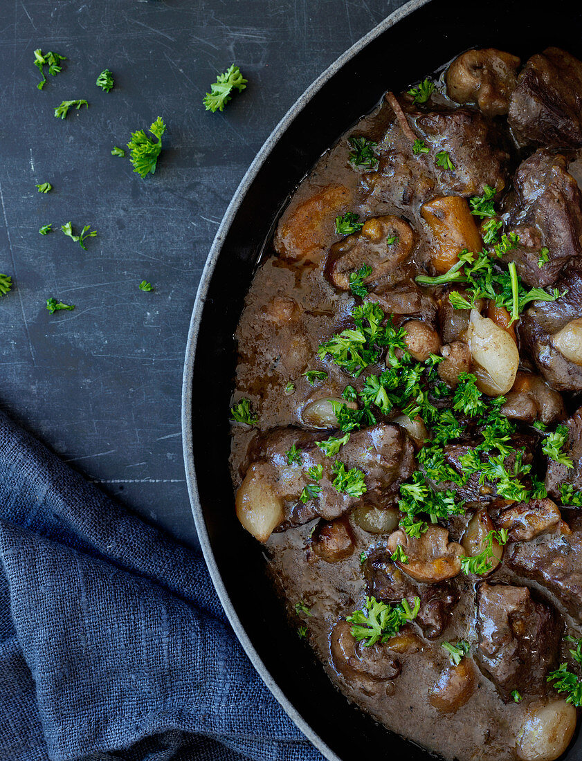 Boeuf bourguignon with shallots, mushrooms and a red wine sauce