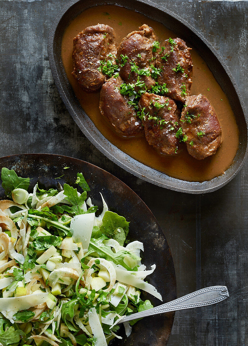 Braised pork roulade with a fennel salad and apple salsa