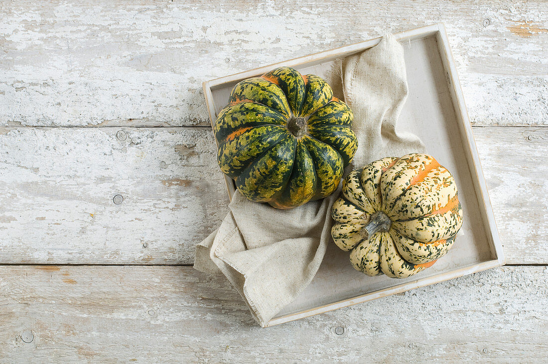 Microwave gourds on a rustic wooden background
