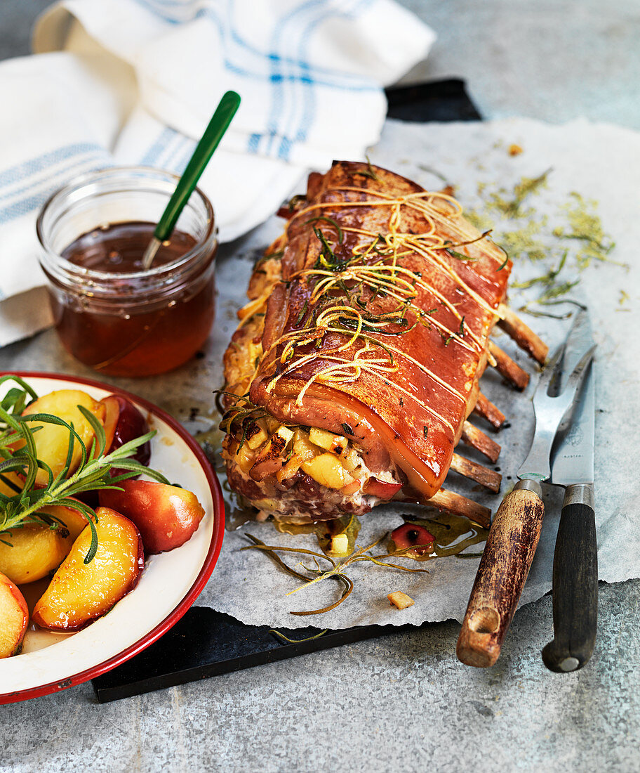 Roast pork cutlets with rosemary infused apples and honey