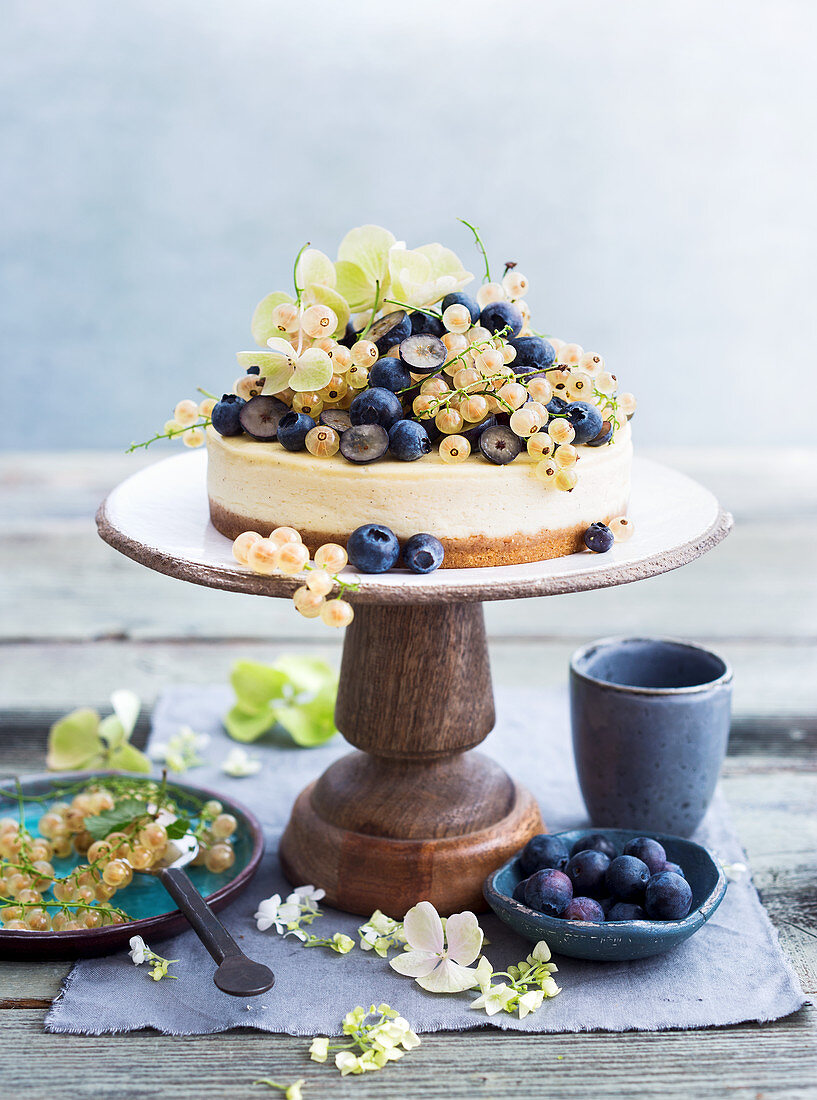 Cheesecake with blueberries and white currants