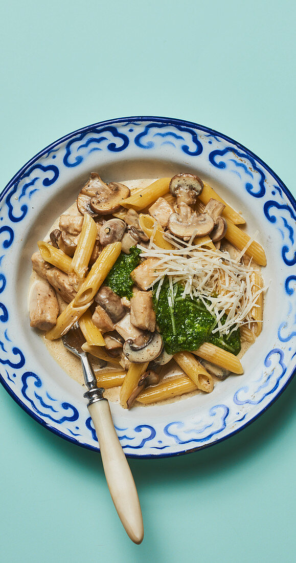 Penne pasta with a creamy chicken and mushroom sauce