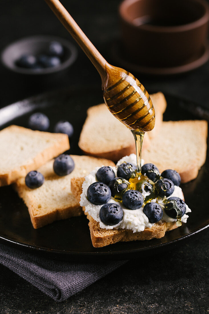 Melba toast with quark, blueberries and honey
