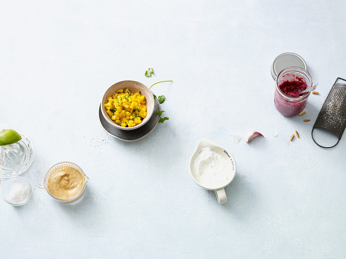 Mango salsa, peanut sauce, beetroot pesto and yoghurt dip