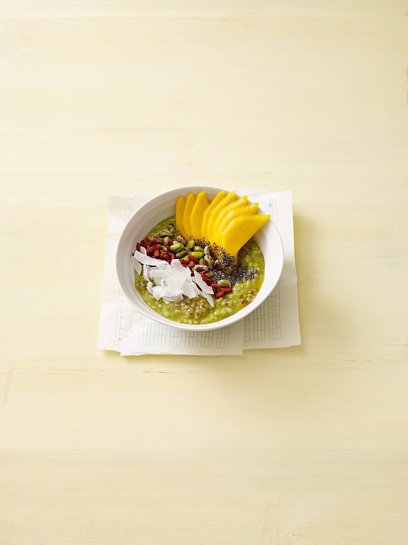 Matcha-coconut bowl with mango and passion fruit