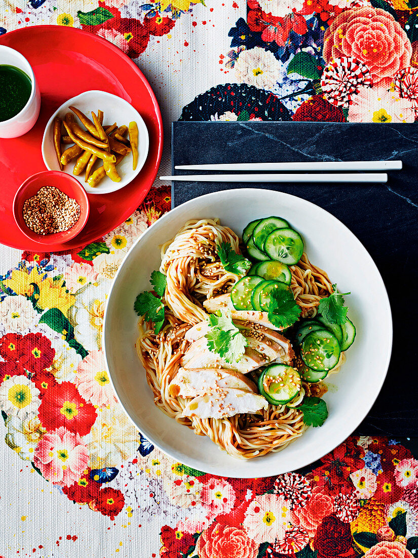 Egg noodles with Sichuan pepper chicken and cucumber