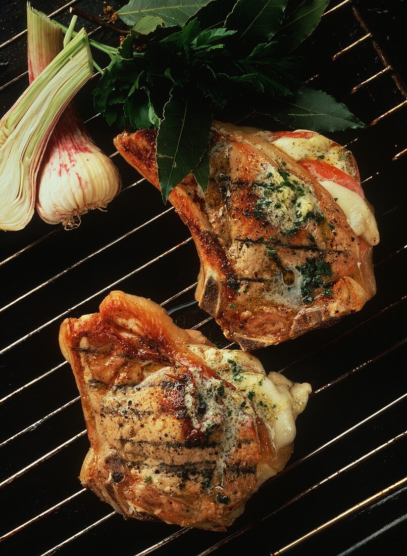 Stuffed Veal Chops on a Grill