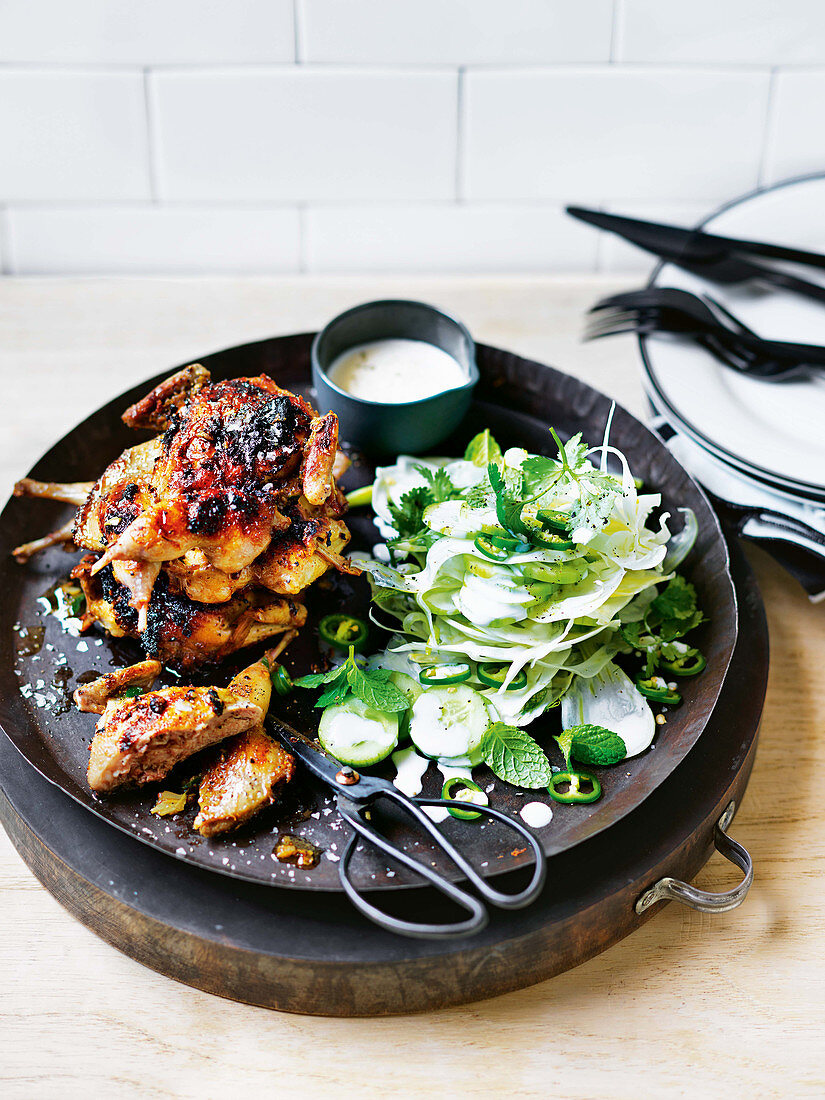 Barbecued quail with green chilli, lemon and fennel