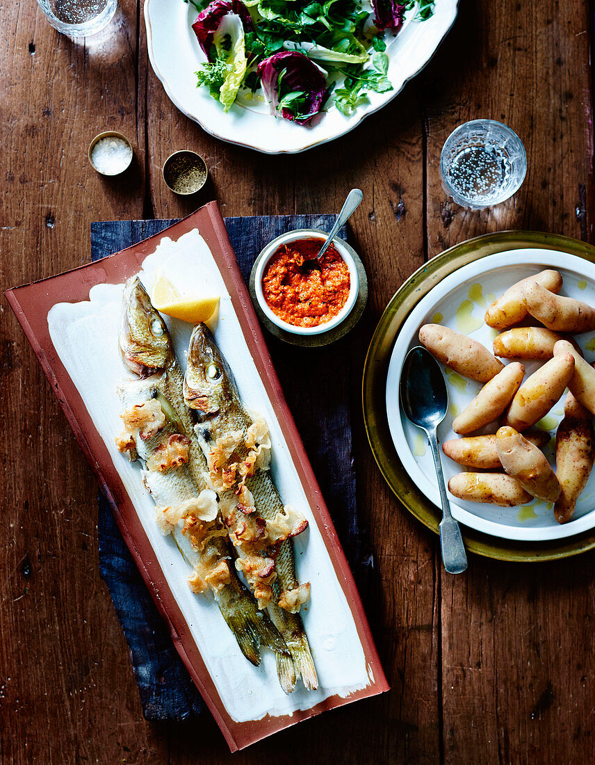 Whiting with Romanesco sauce and fingerling potatoes