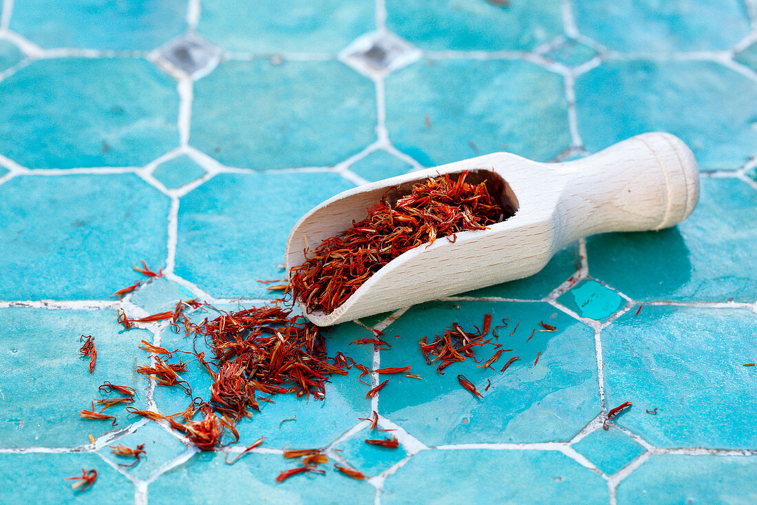 Saffron from Bali on a wooden scoop