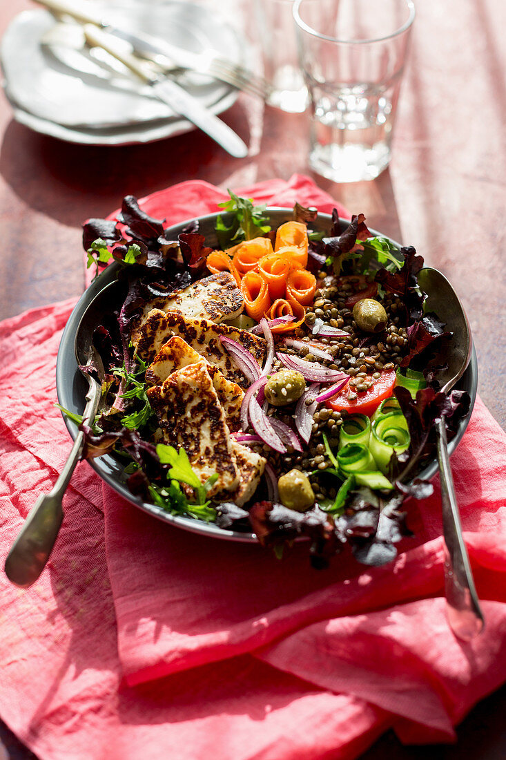 Mixed vegetable salad with carrots, cucumbers, lentils, olives, radishes, red onion, tomato and haloumi