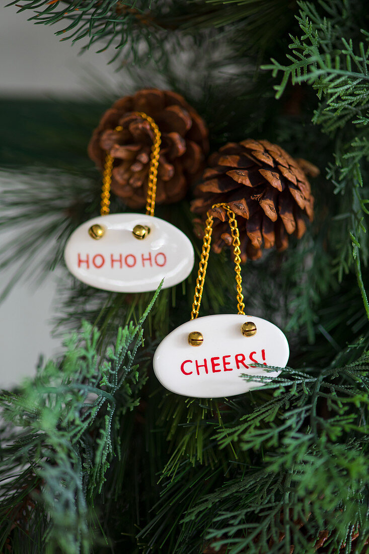 Pendants with mottoes hung from pine cones on tree