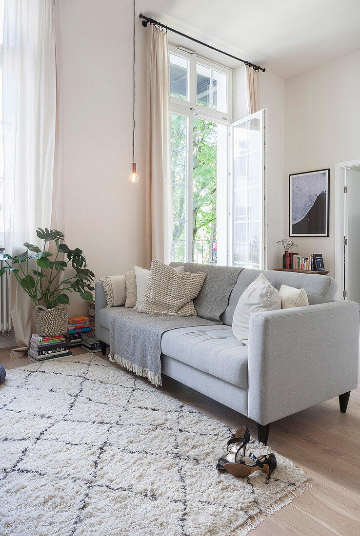 Pale grey sofa in living room of period apartment