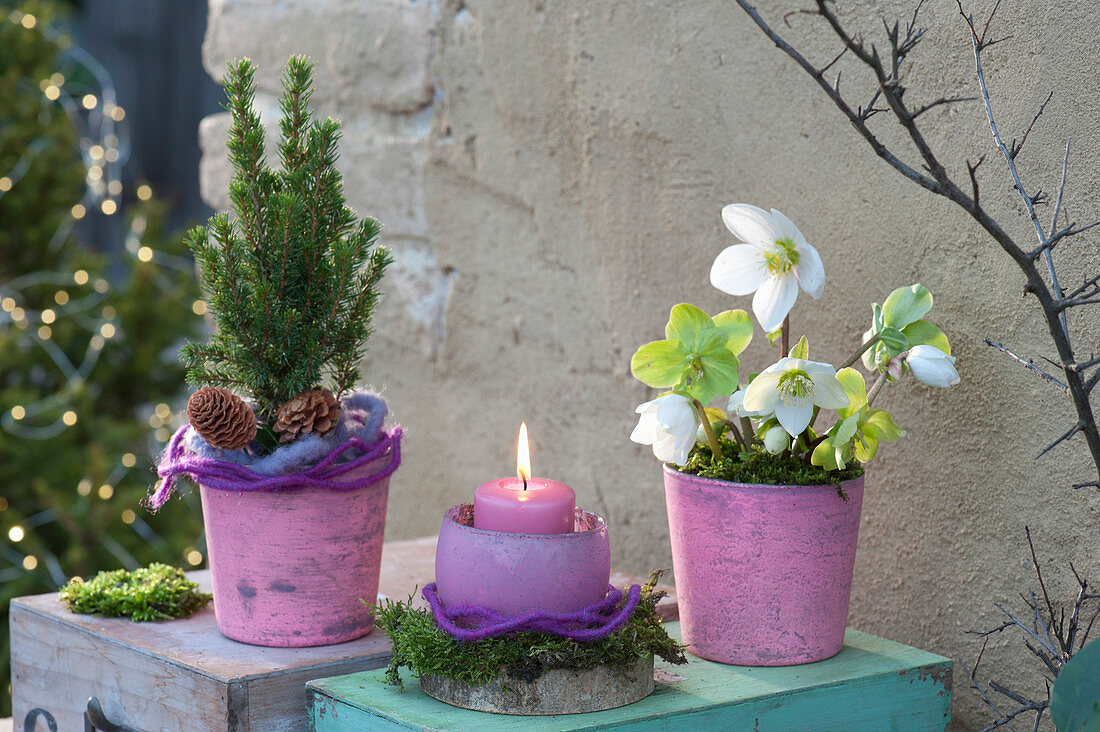 Weihnachts-Arrangement pastellfarben im Shabby-Chic