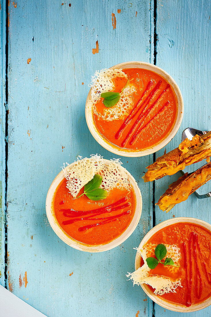 Tomato soup with parmesan crisp and cheese toastie