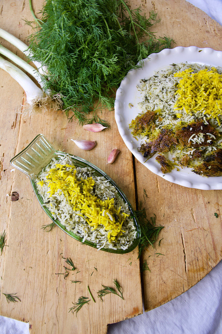 Sabzi polo (Persian herb rice with a butter-saffron rice crust)
