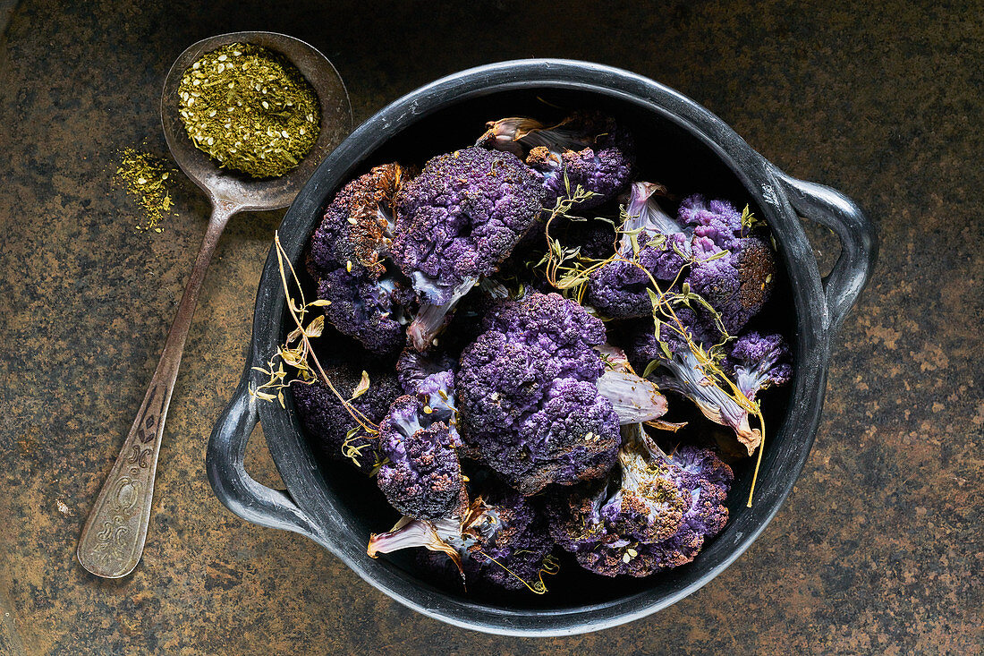 Roasted purple cauliflower with thyme and za’atar spices
