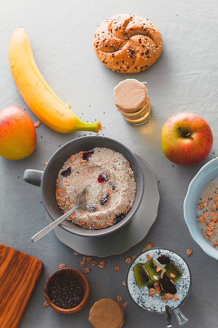 Healthy muesli and porridge for breakfast (seen from above)