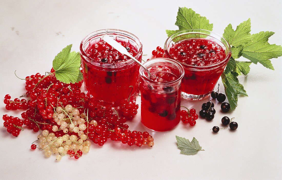 Three Jars of Red Currant Jam; Fresh Currants