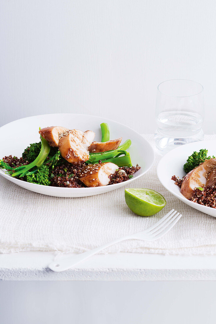 Tamari and maple glazed chicken breasts with ginger quinoa