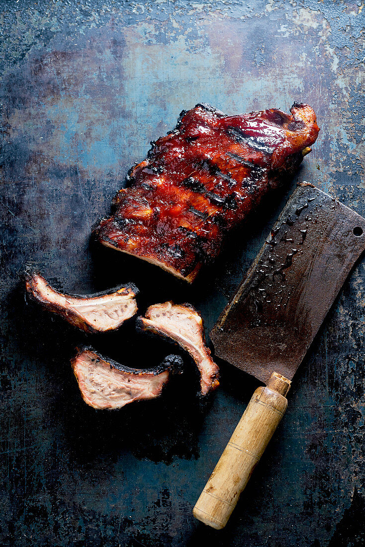 Spare Ribs cutted with butcher knife