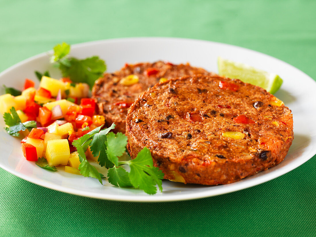 Sweet potato pancakes with black beans and salsa