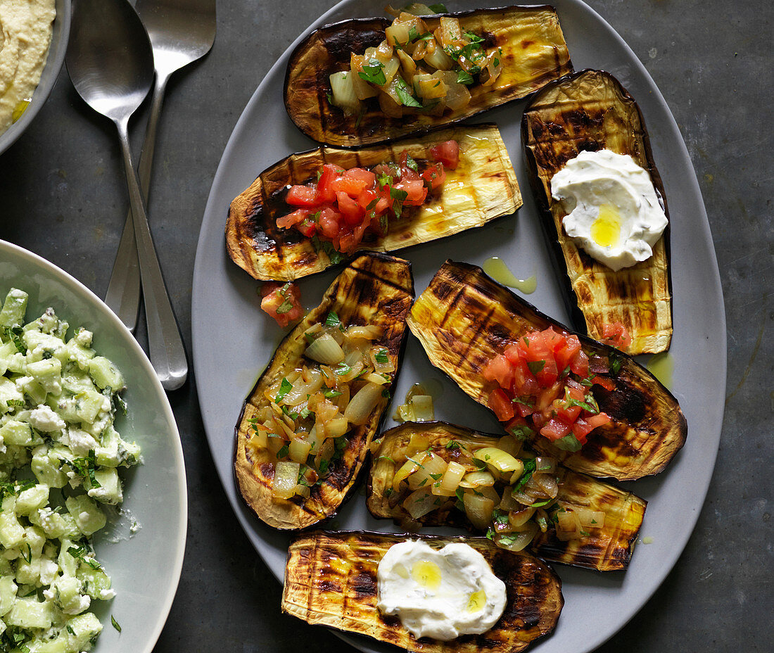 Grilled aubergines with cucumber salad