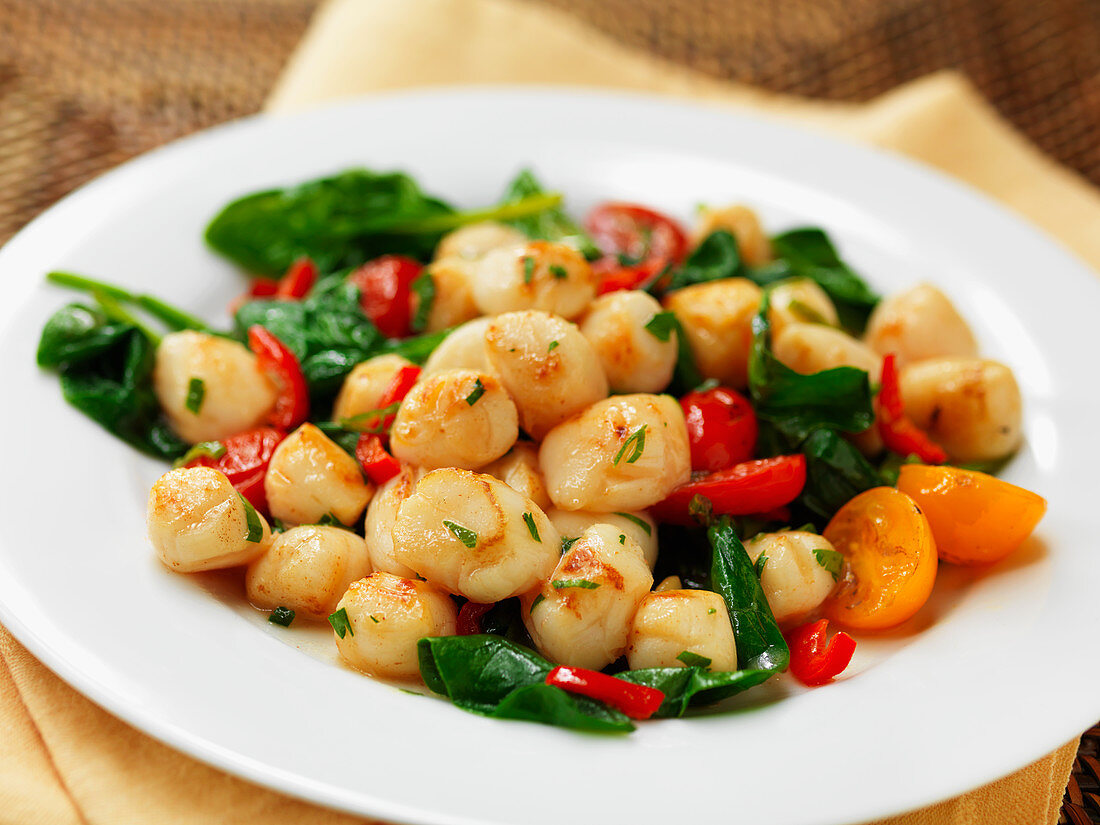 Jakobsmuscheln mit Spinat und Tomaten