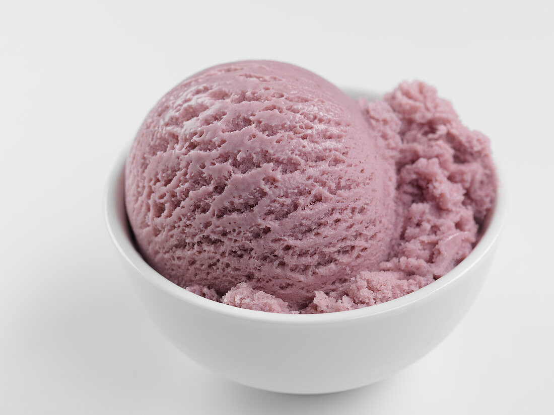 Blueberry ice cream in a white bowl