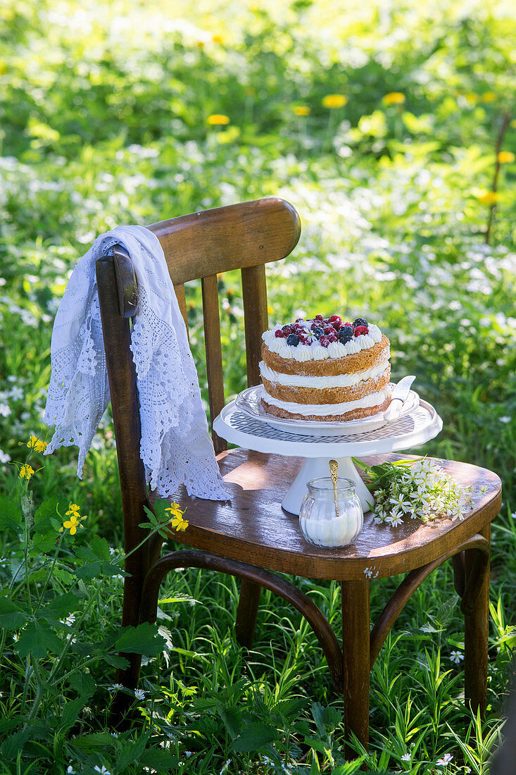 Cake in a garden with coconut sponge, mascarpone and berries