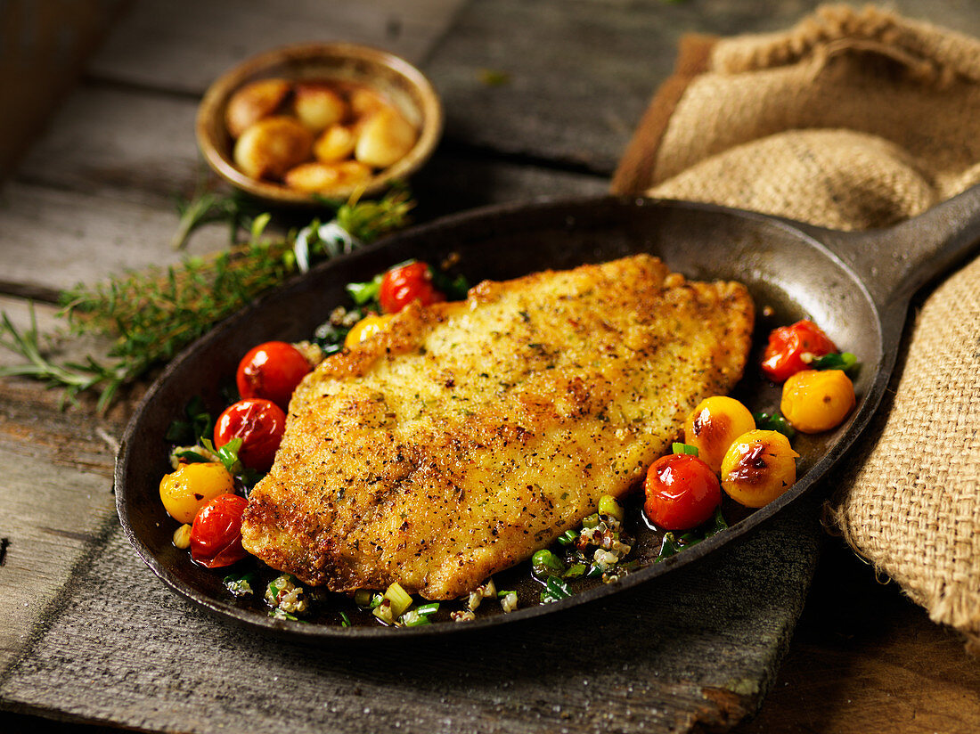 Breaded tilapia fillet with cherry tomatoes