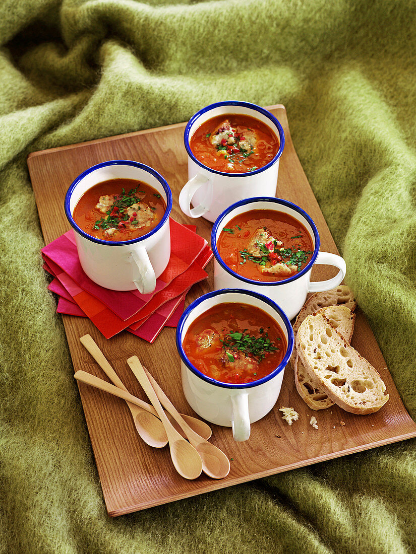 Tomato soup with chicken dumplings