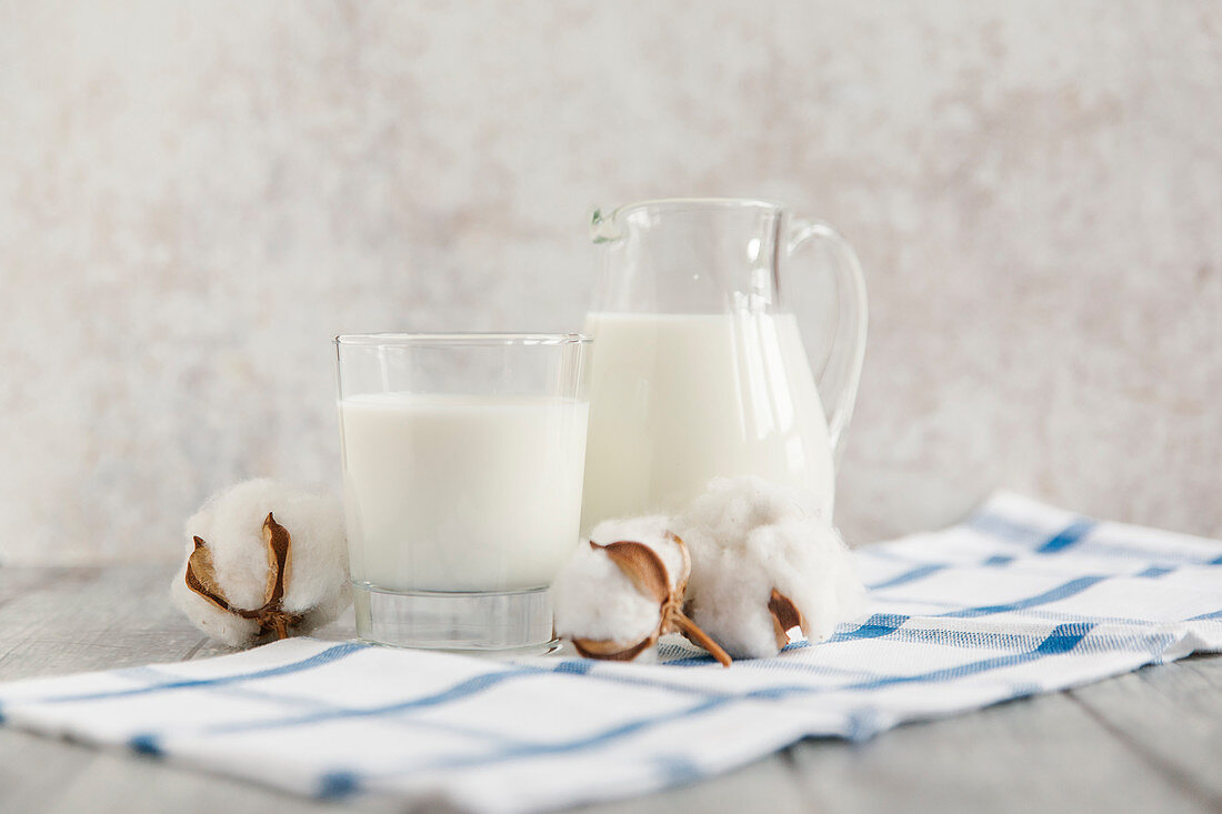 Milch im Glas und Krug, daneben Baumwollblüten