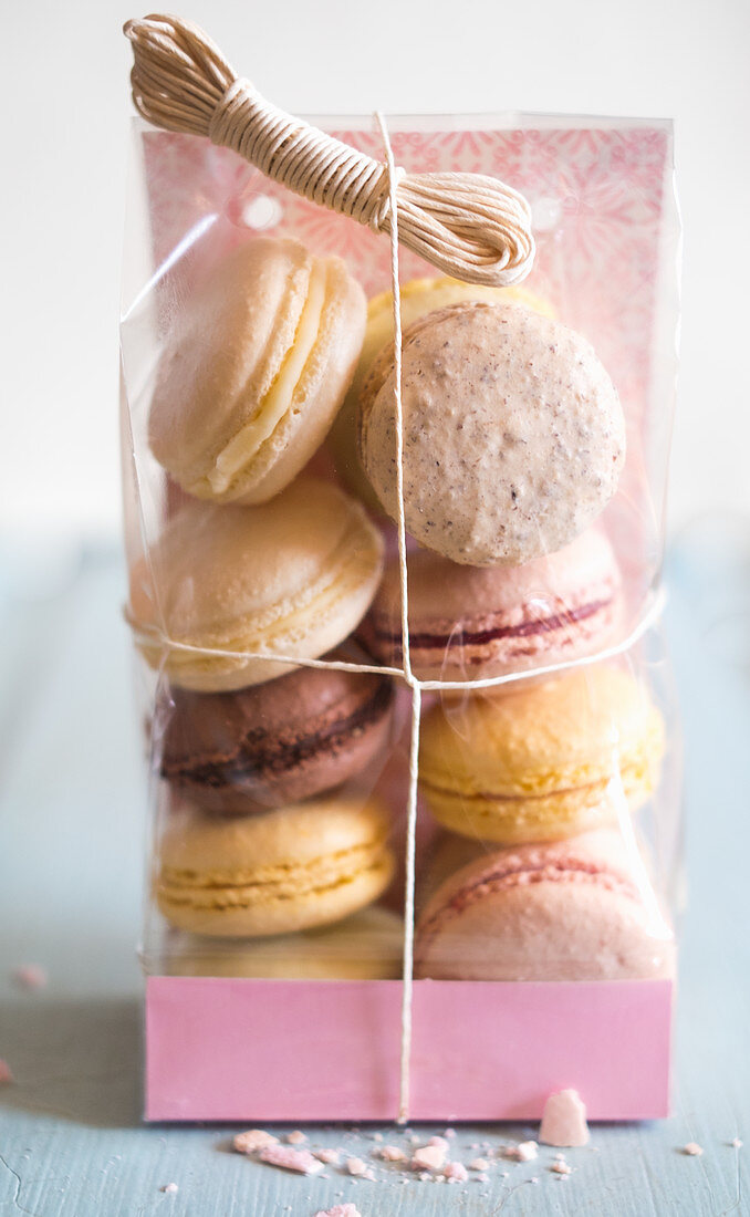 Various French macarons in cellophane wrap