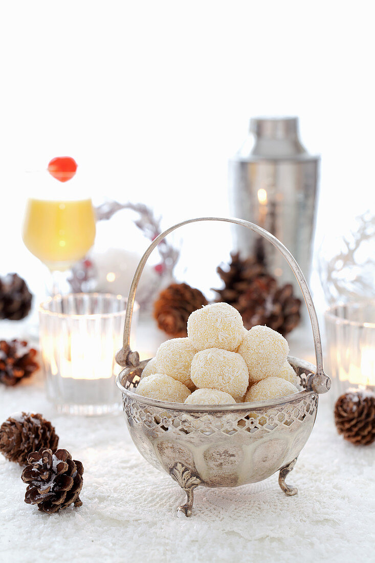 Christmas white egg liqueur chocolate truffles in a silver bowl