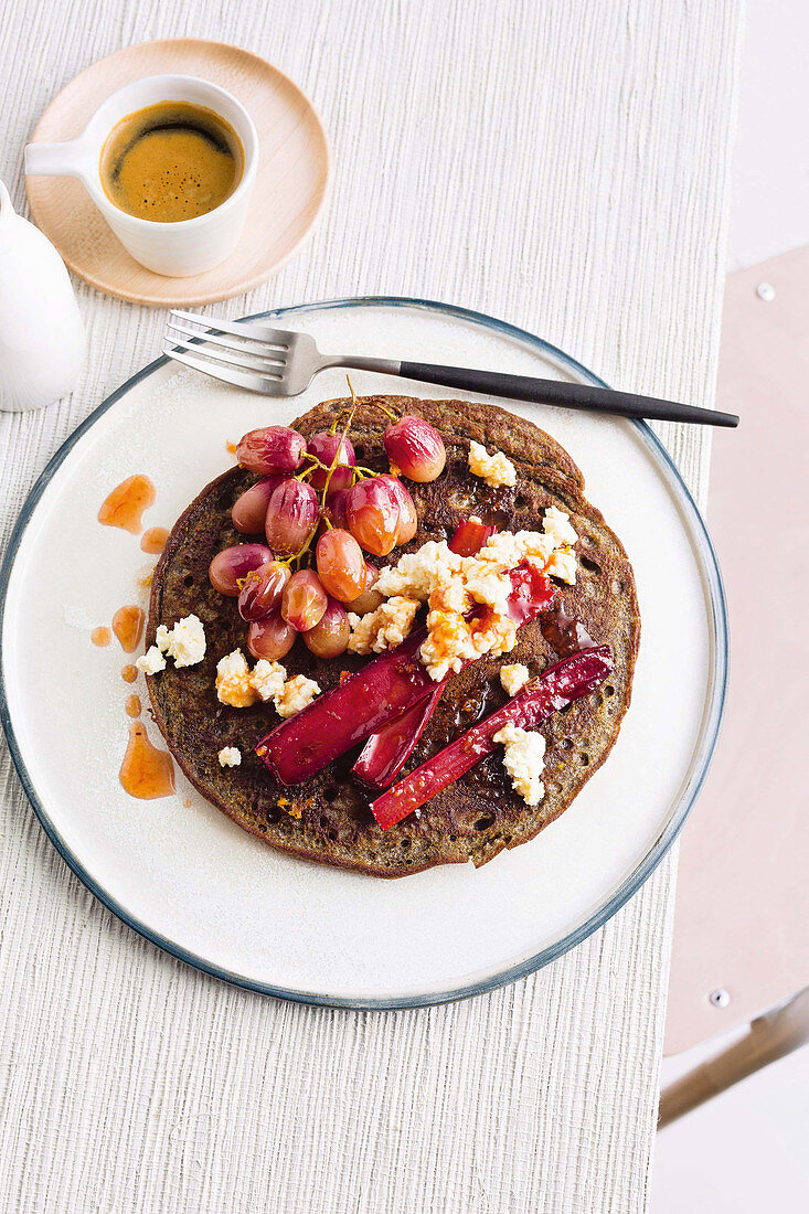 Buckwheat pancakes with roasted rhubarb and grapes