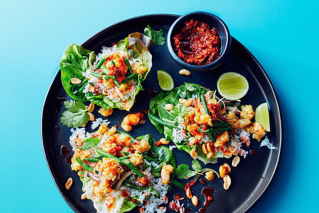 Chilli prawn larb lettuce cups