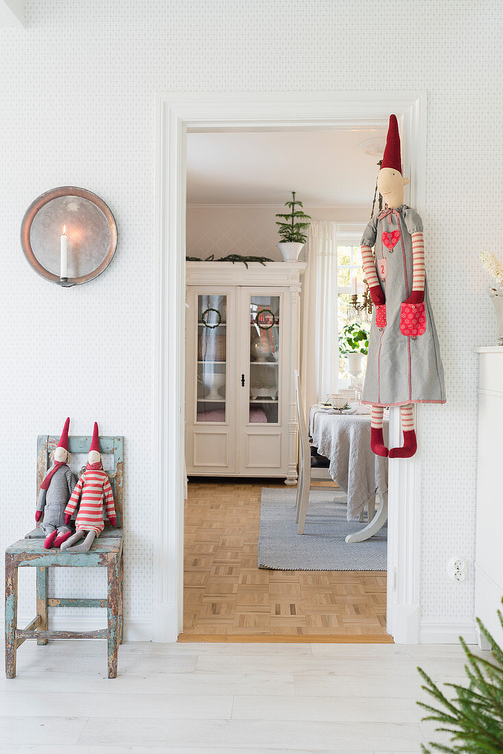 Hallway decorated with Christmas elves