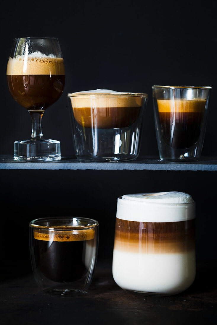 Coffee, espresso, espresso macchiato, black coffee and latte macchiato