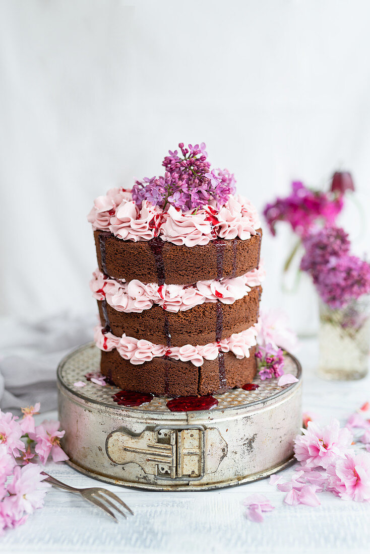 Chocolate layer cake with blackberry buttercream filling